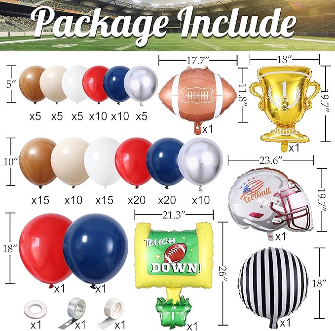 Football Balloon Arch Kit,140Pcs Red Navy Blue Silver Balloon Garland with Football,Helmet,Field Goal Post,Trophy Foil Balloons for Sports Rugby Birthday Big Game Touch Down Tailgate Party Decoration