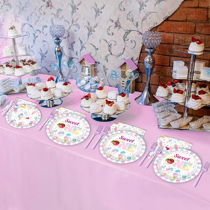 chiazllta 96Pcs Sweet One Ice Cream 1st Birthday Party Paper Plates and Napkins Supplies, Ice Cream Popsicle First Birthday Tableware Decorations for Party Favors 24 Guests