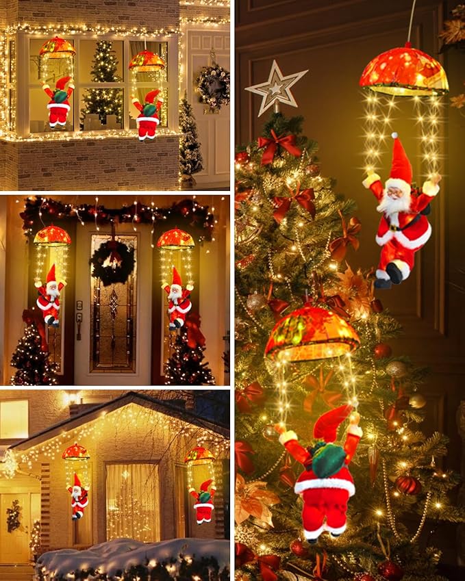 LED Christmas Decorative Hanging Lights with 1.31ft Parachute Santa Claus, Christmas Decorations Lights for Indoor Outdoor, Window, Garden, Home, Wall, Xmas Tree Decor