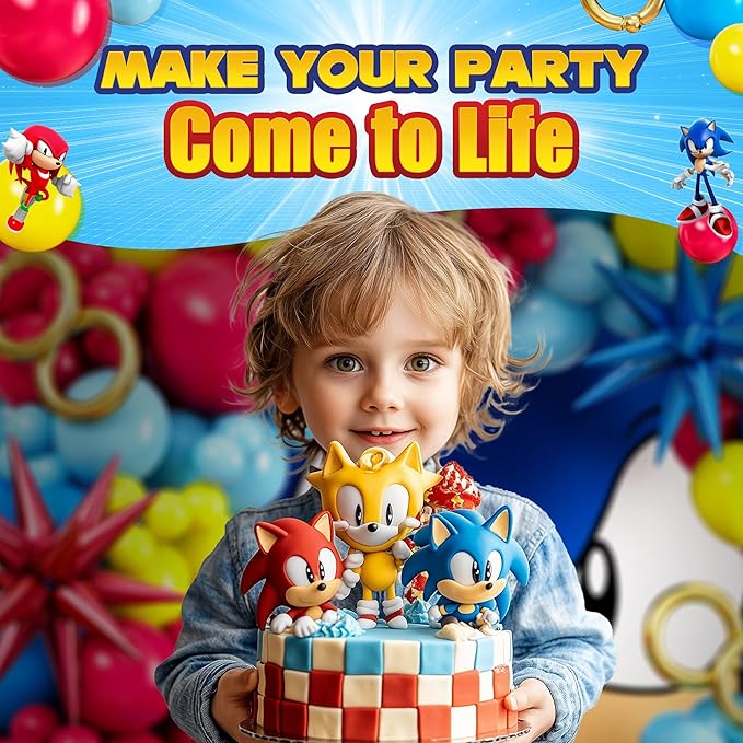 ALL-IN-1 Hedgehog Balloon Arch Kit with BONUS Rings & Starburst Balloons - Red Blue Yellow Balloons Garland for Cartoon Hedgehog Birthday Party Decorations & Party Supplies - Somic Party Decorations S