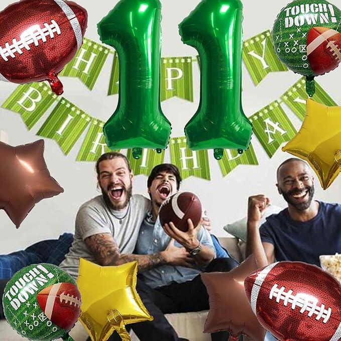 Football Balloons Foil Football Birthday Decorations Balloons Green Number 11 Balloon Gold Brown Star Touchdown Ballons for Rugby Birthday Decorations Sports Ballons Arch Kits Party Balloon Sets 10pcs