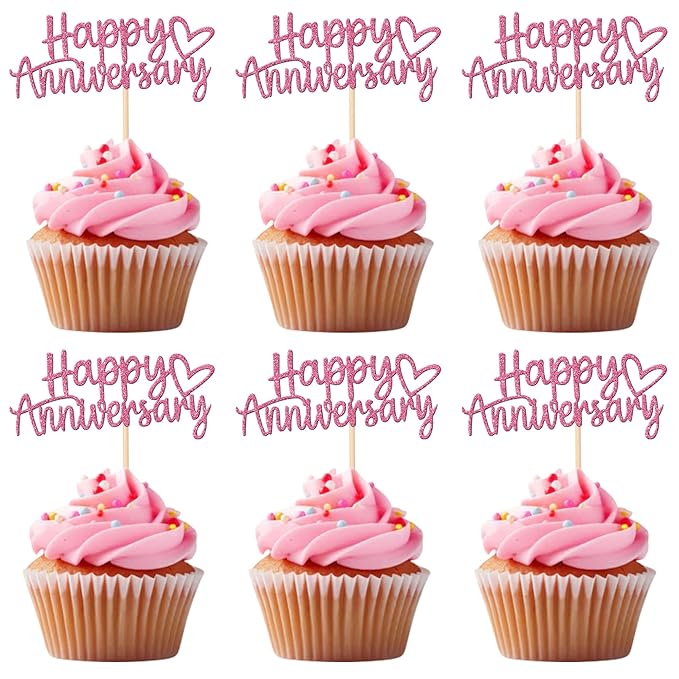 24 PCS Happy Anniversary Cupcake Toppers Glitter Wedding Anniversary Cupcake Picks Anniversary Theme Cupcake Decorations Baby Shower Birthday Wedding Anniversary Party Cake Decorations Supplies Pink