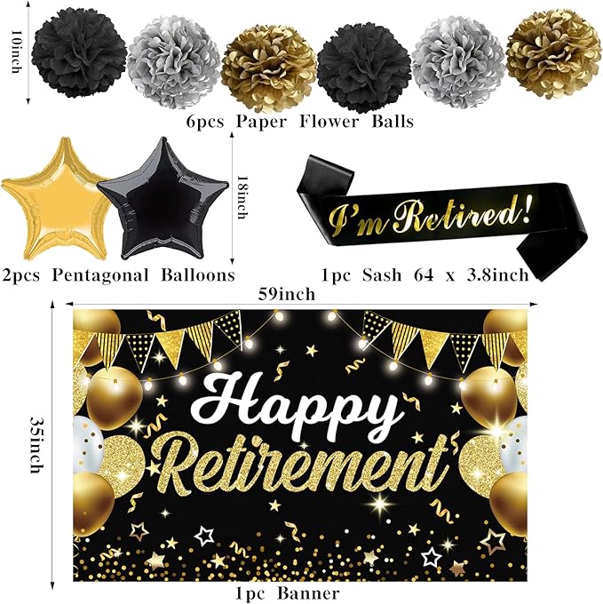 22Pcs Retirement Party Decorations for Men Women, Black and Gold Happy Retirement Banner, Poster, Sash, Balloons, Honeycomb Centerpieces - Retirement Party Supplies for Farewell Goodbye Party