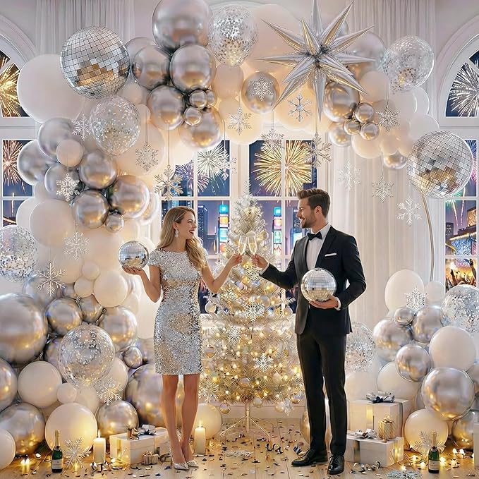 Disco Party Balloon Garland Arch Kit 134 Pcs Metallic Silver Matte White Confetti Balloons Disco balls for Adult Birthday Dancing Decor Graduation Party New Year Eve 2026 NYE Decoration