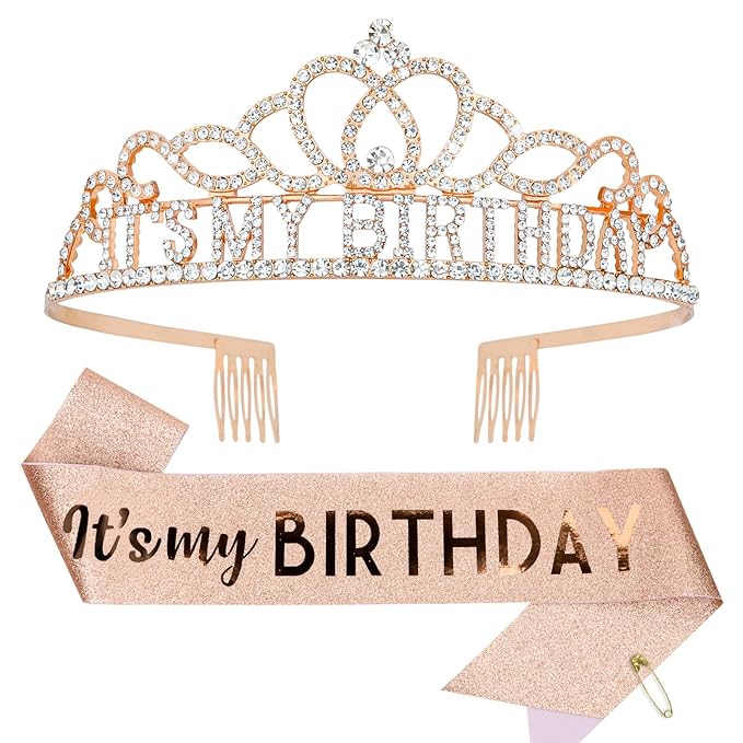 CAVETEE Birthday Crowns for Women - Its My Birthday Sash and Crown Set for Adult Women - Rose Gold