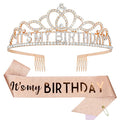 CAVETEE Birthday Crowns for Women - Its My Birthday Sash and Crown Set for Adult Women - Rose Gold