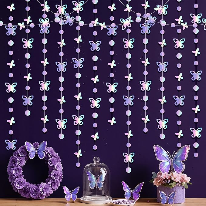 KatchOn Iridescent Butterfly Garland - Pack of 6, | Pre-Strung Butterfly Wall Decor & Birthday Banner for Girls | Iridescent Backdrop for Bachelorette Party | Butterfly Birthday Decorations for Women