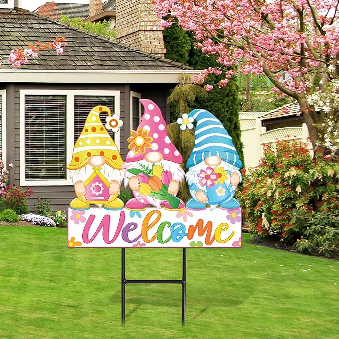 JarThenaAMCS Spring Metal Garden Stakes Colorful Flower Gnome Decorative Lawn Sign Welcome Yard Sign for Home Outside Lawn Porch Walkway Decor