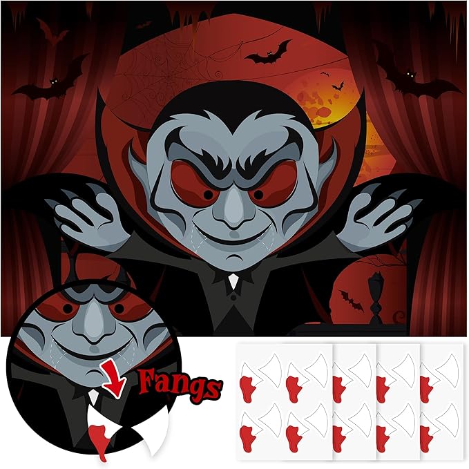 Pin The Fangs on The Vampire Halloween Party Games Poster with 24 Stickers Entertaining Activity Holiday Carnival Celebrations Birthday Party Decorations Supplies Haunted House Wall Decor