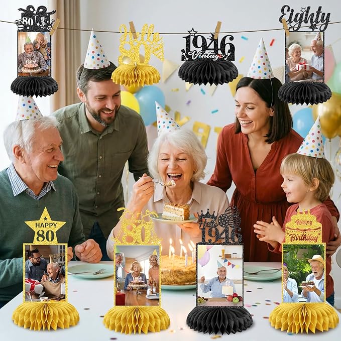 8Pcs 80th Birthday Decoration for Men Women Happy 80th Birthday Honeycomb Centerpieces 80th Birthday Table Party Decorations Black and Gold Cheers to 80 Years Decor 1946 Birthday Party Favors