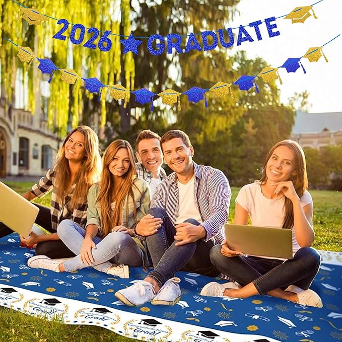 Navy-Blue White-Gold Party-Decoration Graduation Banner - 8pcs Kits Cap Garland Streamers, Paper Tissue Pom Poms Flowers, 2025 Craduate Banner Congratulations Grad Decor Lasting Surprise
