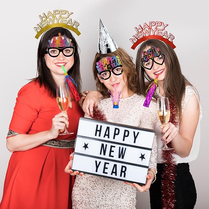 Openfly 36Pcs New Years Eve Party Supplies 2026 Happy New Year Hats Headband Tiara Noise Makers Paper Glasses Party Favors