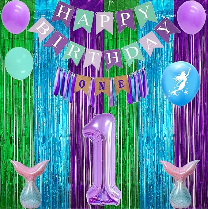 2 Pack 3.3ft×6.6ft Green Blue Purple Tinsel Foil Fringe Under the Sea Ocean Backdrop Door Streamers Baby Shower Bachelorette Birthday Graduation Mermaid Video Game New Year Party Decorations