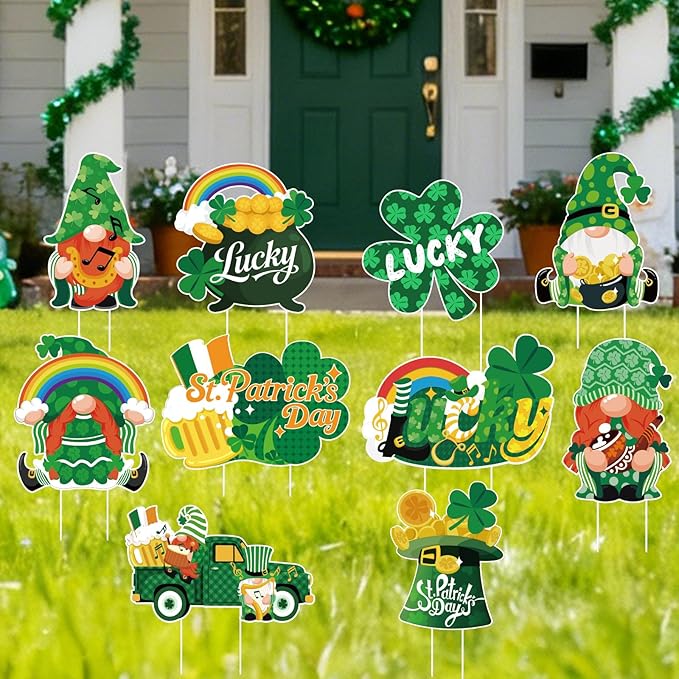 10Pcs St. Patrick's Day Yard Sign Decorations Gnome Lawn Outdoor Decor with Stakes Saint Patricks Day lrish Home Garden Decorations