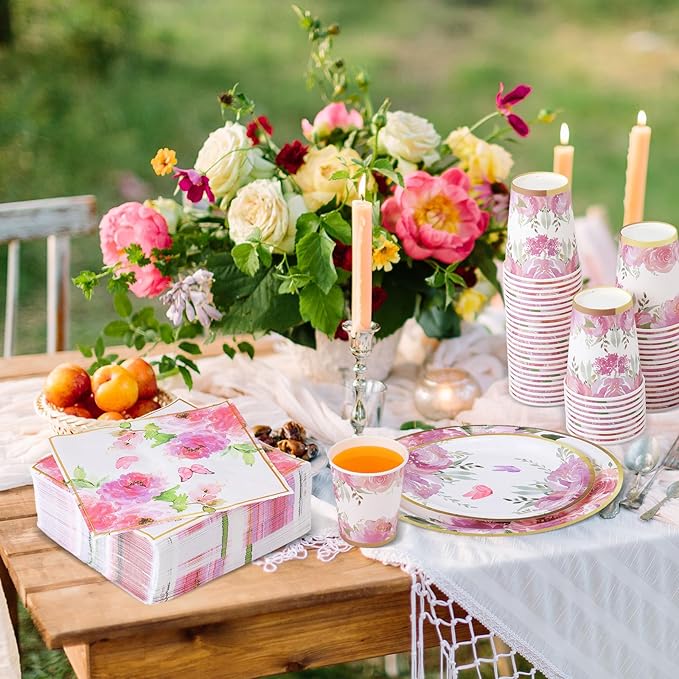 Pickmesh 250 Pcs Floral Party Disposable Tableware Set Paper Plates and Napkins Cups Supplies Tea Party Theme Dinner Dinnerware for Birthday Bridal Baby Shower wedding Decoration Serves 50