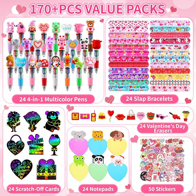 24 Sets Valentine’s Day Bulk with Multicolor Pen Gifts, Valentines Stationary for Classroom Birthday Goodie Bags Stuffers Rewards Prizes Party Favors