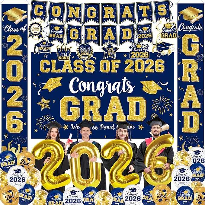 Graduation Navy Blue Gold Decorations Include Grad Backdrop, Banner, Hanging Swirls, Porch Sign, Balloons for Congrats Grad Party Decorations