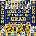 Graduation Navy Blue Gold Decorations Include Grad Backdrop, Banner, Hanging Swirls, Porch Sign, Balloons for Congrats Grad Party Decorations