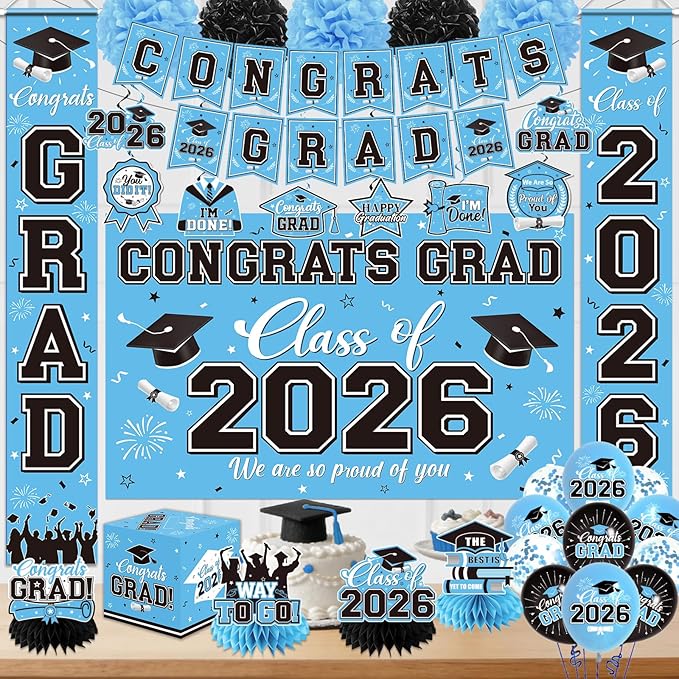 Graduation Decorations 2026 Light Blue Party Decor Set with Congrats Grad Banner, Class of 2026 Backdrop, Balloons, Box & Streamers Supplies for High School & College Celebrations