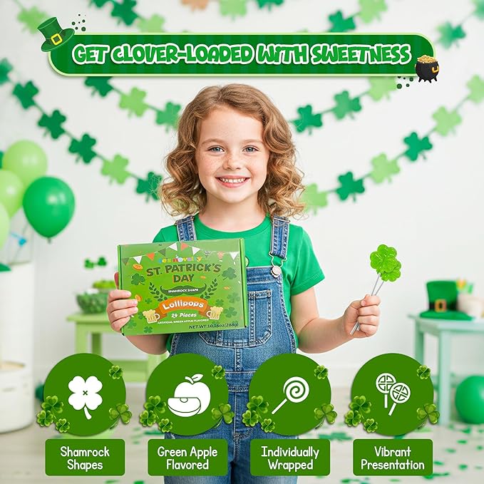 4E's Novelty 24 Pack St. Patrick's Day Shamrock Lollipops, Green Apple Flavor Individually Wrapped Shamrock Shape Candies, St Patricks Suckers Party Favors Goodie Bag Fillers, Fun St Patty's Day Office Classroom Candy