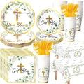 Pickmesh 194 Pcs God Bless Baptism Party Decoration Boy 24, Sage Green Baptism Paper Plate Napkin Cup Tablecloth Cutlery First Holy Communion Disposable Tableware for Christening Baby Shower Supplies