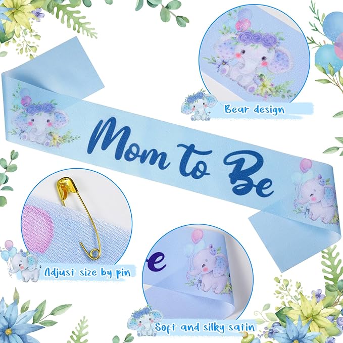 Chunful Elephant Theme Baby Shower Sash Mom to Be Sash and Dad to Be Pin Flower Crown for Gender Reveals Party Baby Shower Party Favors Decorations for Boys and Girls Pregnancy Props Gift (Blue)