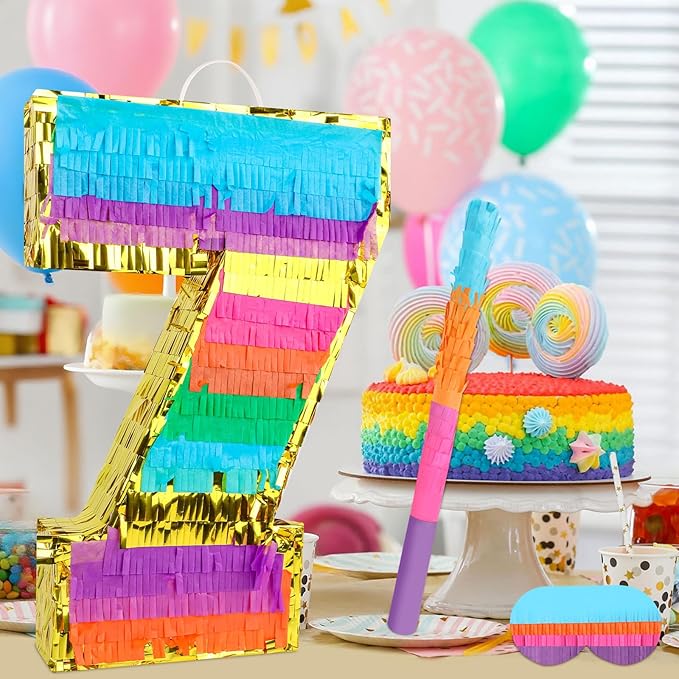 Rainbow Number 7 Pinata Birthday Decorations for Kids, Rainbow Pinata with Bat Stick Blindfold for Boys Girls 7th Birthday Celebrations Baby Shower Party Supplies (16.1x10.6x2.9 Inches)