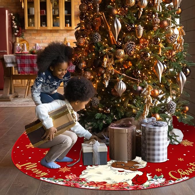 48 Inch Christmas Tree Skirt Double Layer Large Snowflake Xmas Tree Mat Decor for Winter Holiday Party Indoor Outdoor Christmas Decorations(Red,Santa Claus)