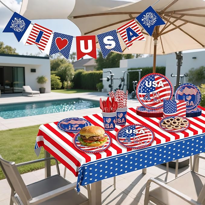 4th of July Decorations,194Pcs 4th of July Party Supplies Set,Patriotic Decor for Independence Day Includes Plates,Napkins,Cups,Banner,Tablecloth,Knives,Forks,Spoons and Straws (Serves 24)