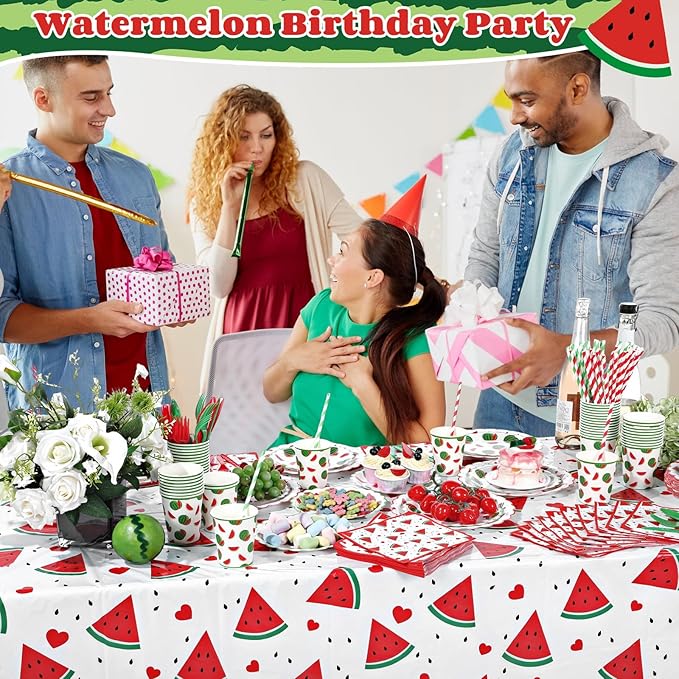 Ceenna 452 Pcs Watermelon Birthday Party Supplies for 50 Guests, Cute Fruit Paper Plates Napkins Cups Tablecloth Cutlery Straw Disposable Tableware for Summer Birthday Baby Shower Party Decoration