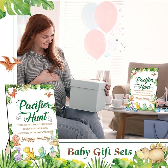 Thyle 51 Pcs Dinosaur Pacifier Hunt Baby Shower Games Include Dinosaur Theme Hunt Sign and 50 Acrylic Pacifiers for It's a Boy Baby Shower Game Decoration Gift Sets Gender Reveal Party Decor