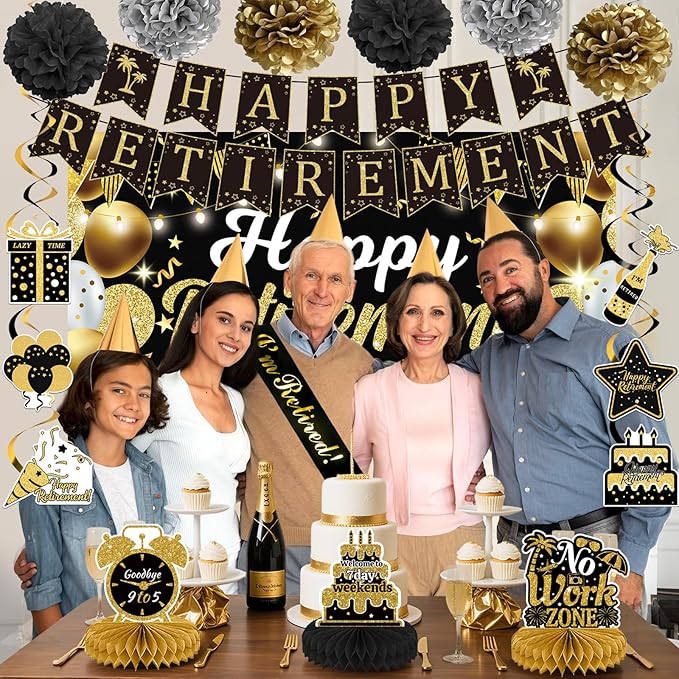 22Pcs Retirement Party Decorations for Men Women, Black and Gold Happy Retirement Banner, Poster, Sash, Balloons, Honeycomb Centerpieces - Retirement Party Supplies for Farewell Goodbye Party