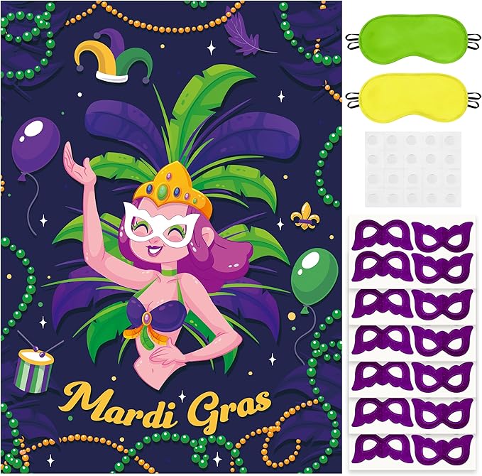 Mardi Gras Pin the Mask On the Dancer Party Game Large Poster with 24 Pcs Stickers Blindfolds Fun Masquerade Activity for Fat Tuesday New Orleans Carnival Birthday Party Decorations Wall Decor