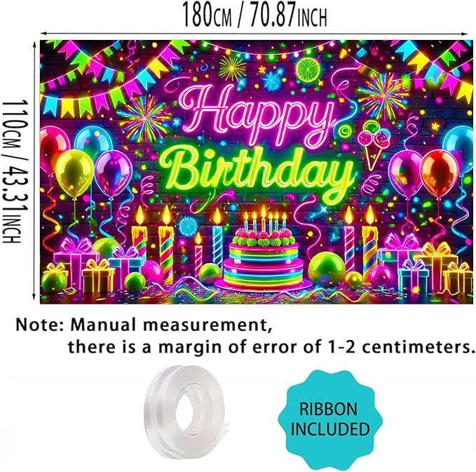 Nuxovilar Neon happy birthday banner - Graffiti Style Cake & Fireworks Backdrop, 71x43 Inch Vibrant Party Decorations for Teens, Urban Yard Sign, Reusable Brick Wall Background