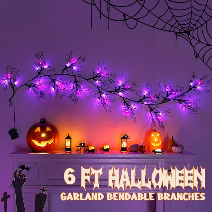 Joyhalo Halloween Garland with Lights Decorations with Bat Lights,Battery Operated 6FT 48 LED Halloween Willow Vine Twig Garland for Mantle,Wall,Fireplace and Halloween Decorations