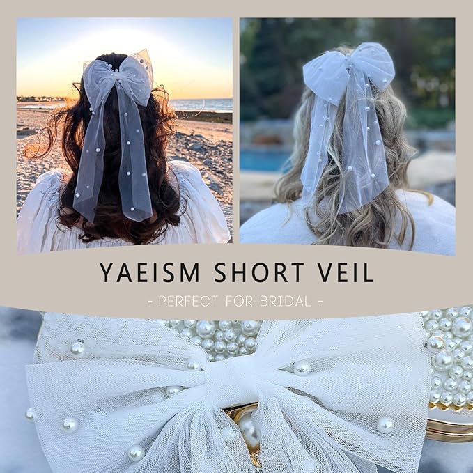Bridal Veil Bachelorette Party Veil White Bow Wedding Veil Elegant Tulle Layer Hair Clip for Women and Girls