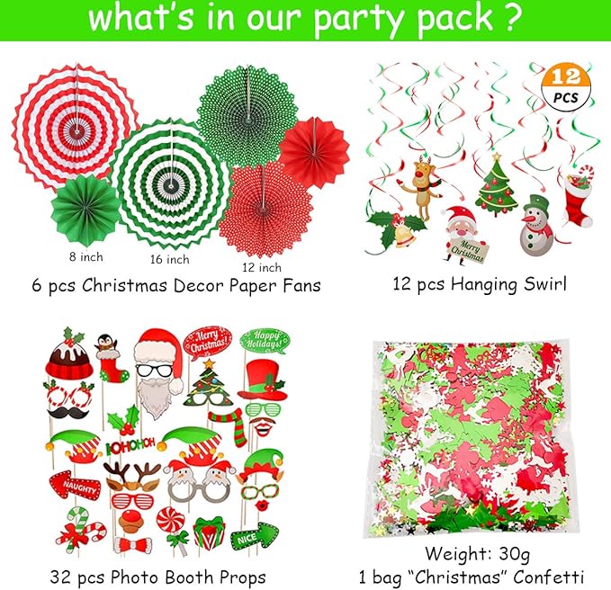 Christmas Party Decorations, Merry Christmas Decorations Supplies, Banner, Hanging Swirls, Paper Fans, Balloon, Photo Booth Props, Confetti, for Holiday Xmas Indoor Outdoor