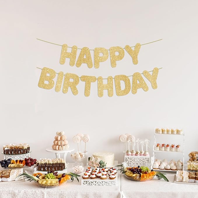 Pre-Strung Happy Birthday Banner Gold Glitter Banner, Golden 30th 40th 50th 60th 70th 80th Birthday Party Decorations & Decor for Women & Men & Boy & Girl, Happy Birthday Backdrop/Sign/Gift