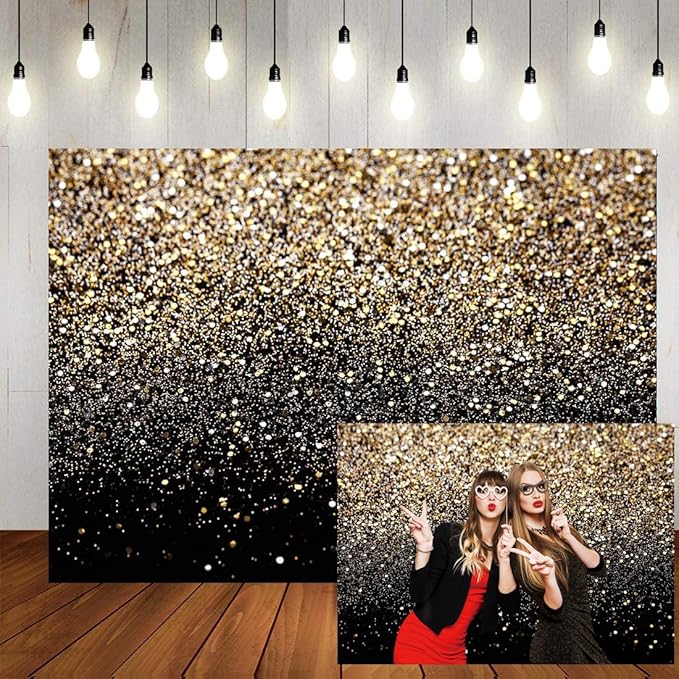 Dudaacvt 8x6FT Black and Gold Backdrop Gold Glitter Paint Banner Golden Bokeh Spot Starry Sky Wedding Adult Baby Children Family New Year Party Backdrop