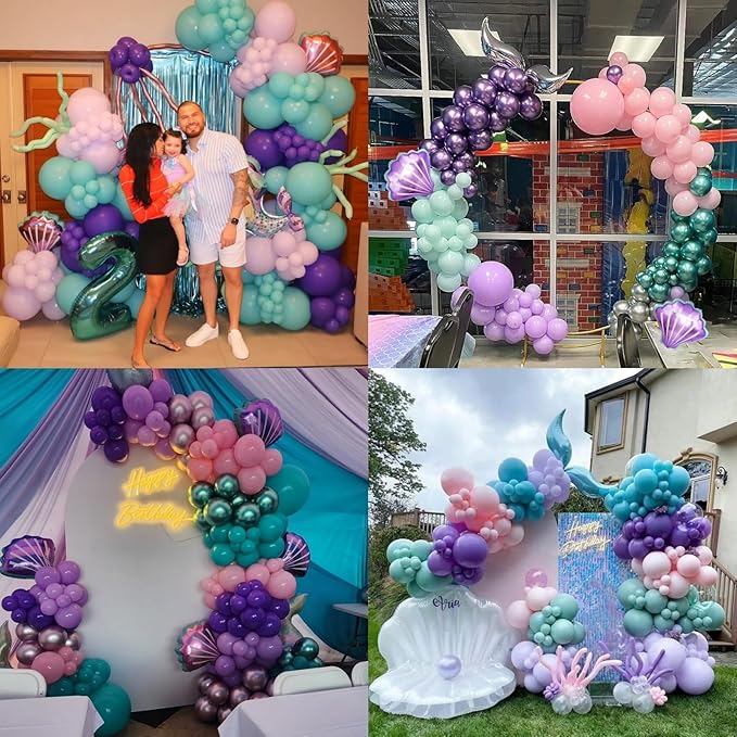 4th Mermaid Birthday Decoration for Girls,Pink Purple Green 4th Birthday Balloon Number 4 Seashell Foil Balloons Banner Mermaid Sea Party Decor Supplies for 4 Year Old