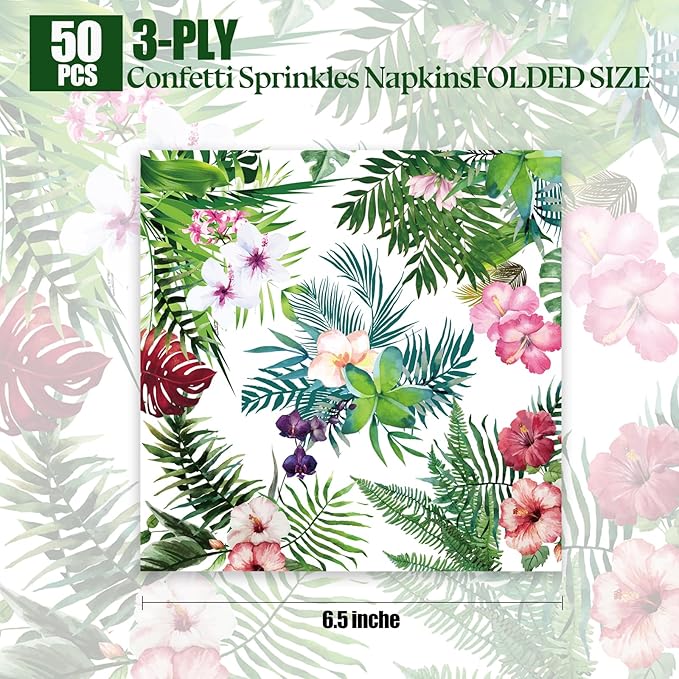 50PCS Hawaiian Tropical Napkins, Disposable Tropical Luau Party Plates for HawaiianTheme Birthday, Summer BBQ, Pool Beach, and Picnic
