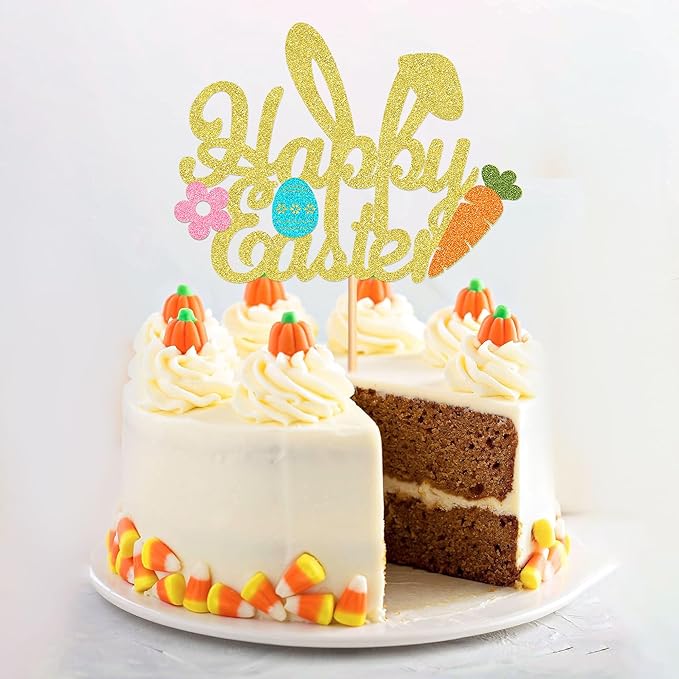 Ercadio 1 Pack Glitter Golden Happy Easter Cake Topper with Bunny Ear Easter Eggs Carrot Cake Pick for Easter Day Party Cake Decorations Table Centerpieces Supplies