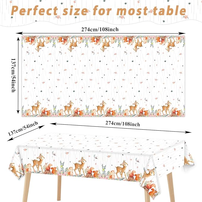 3 Pieces Woodland Tablecloths Baby Shower Decorations for Girl Floral Woodland Creatures Plastic Table Covers Forest Wild Creatures Animal Friends Table Decoration for Birthday Party Supplies