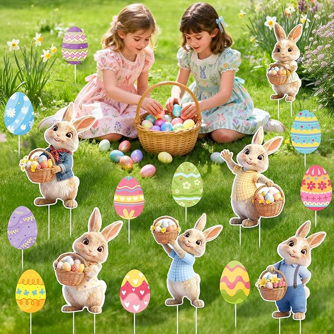 16 PCS Outdoor Easter Decorations, Easter Bunny and Eggs Yard Signs with Stakes, Waterproof Spring Garden Lawn Signs for Party Spring Garden Patio Holiday Display Supplies