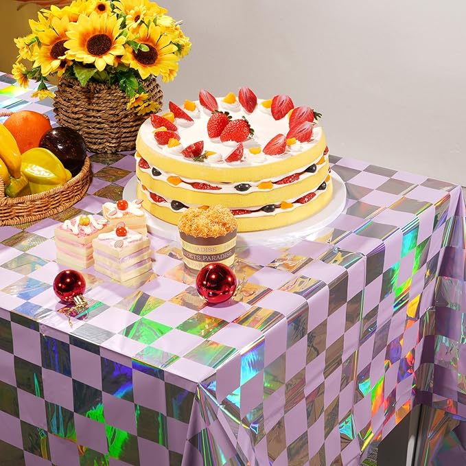 6Pack Iridescent Checkered and Purple Plastic Tablecloths Shiny Disposable Laser Rectangle Table Covers Holographic Foil Tablecloth Iridescent Party Decorations Birthday Bridal Baby Shower, 54x108Inch