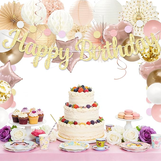 Birthday Decorations for Women, Boho Champagne-Beige 42pcs Balloon Garland with Hearts & Stars, Happy Birthday Banner, Peach Paper Lanterns & Tissue Pom Poms– decoración de cumpleaños para mujer