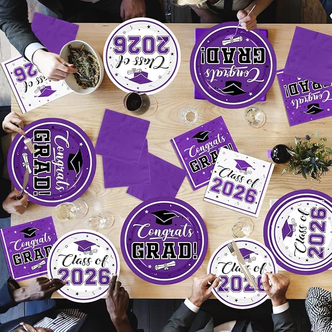 Graduation Party Plates and Napkins Purple Class of 2026 Grad Congrats Party Supplies Disposable Dessert Paper Plates Cocktail Napkins forGraduation Party Decorations,Serve 50