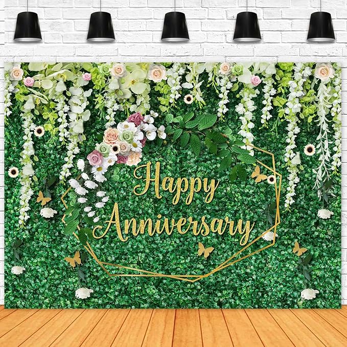 Sensfun Happy Anniversary Backdrop Green Grass Floral Banner Cheers to Wedding Anniversary Party Decorations Marriage Memorial Portrait Photo Booth Background 10x7ft