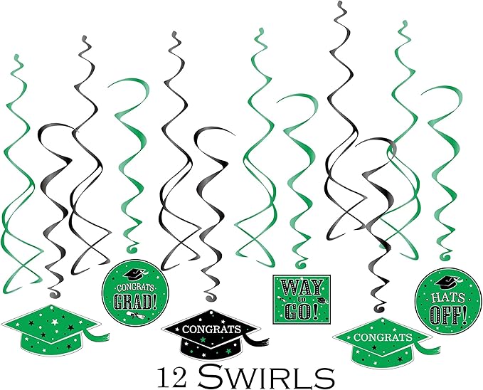 Serves 30 | Ultimate Party Pack | Congrats Grad Green Party Supplies | 9" Dinner Paper Plates | 7" Dessert Paper Plates | 9 oz Cups | 3 Ply Napkins | 2 Table Cover | 20 Photo Props | 12 Swirls | 30