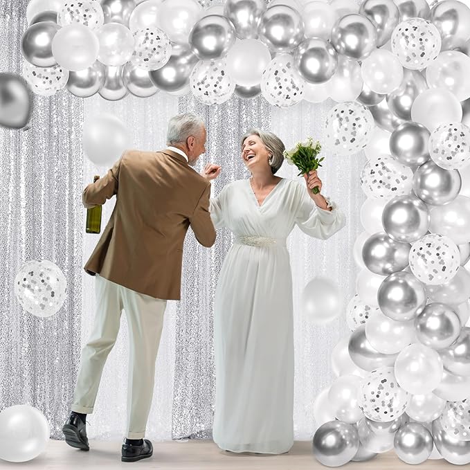 137 Pcs White Silver Party Backdrop Kits - 4 Sequin Backdrop Curtain 133 Balloon Garland Kit Photo Prop Background for Graduation Wedding Anniversary Wonderland Birthday Baby Shower